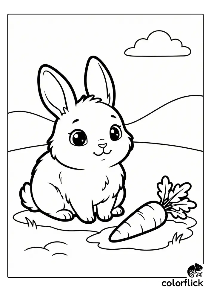 Adorable chibi bunny sitting beside a large carrot free printable coloring sheet for kids.