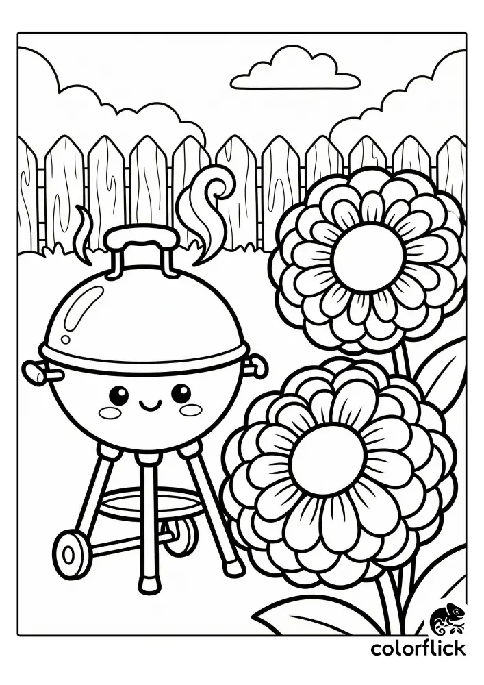 Cute chibi kettle grill with a face next to large zinnia flowers in a backyard garden, a free printable barbecue coloring sheet for kids.