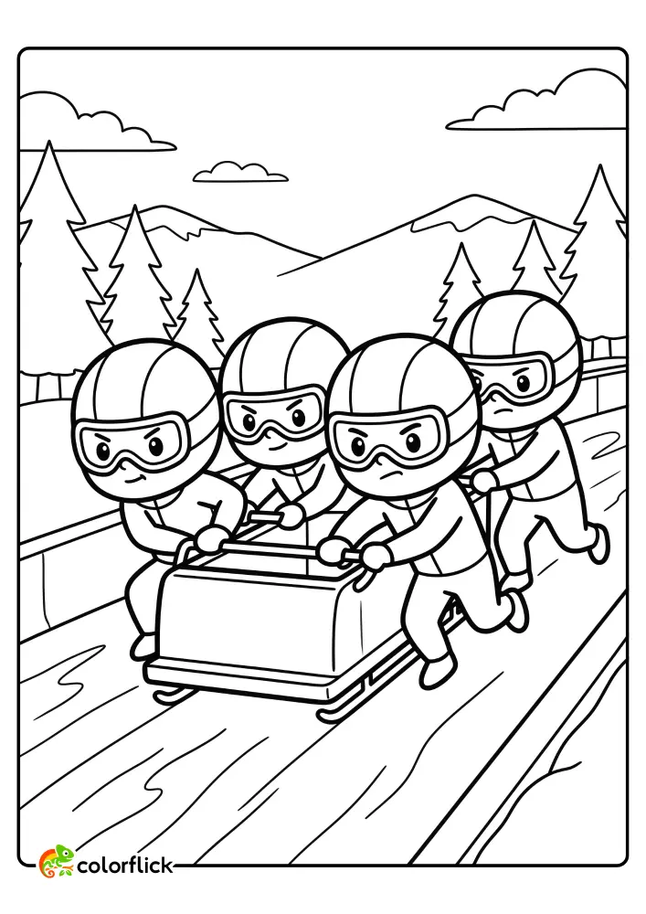 A printable coloring page featuring four cute chibi kids pushing a bobsleigh down an icy track. In the background are mountains and pine trees. Perfect for kids who love sports.