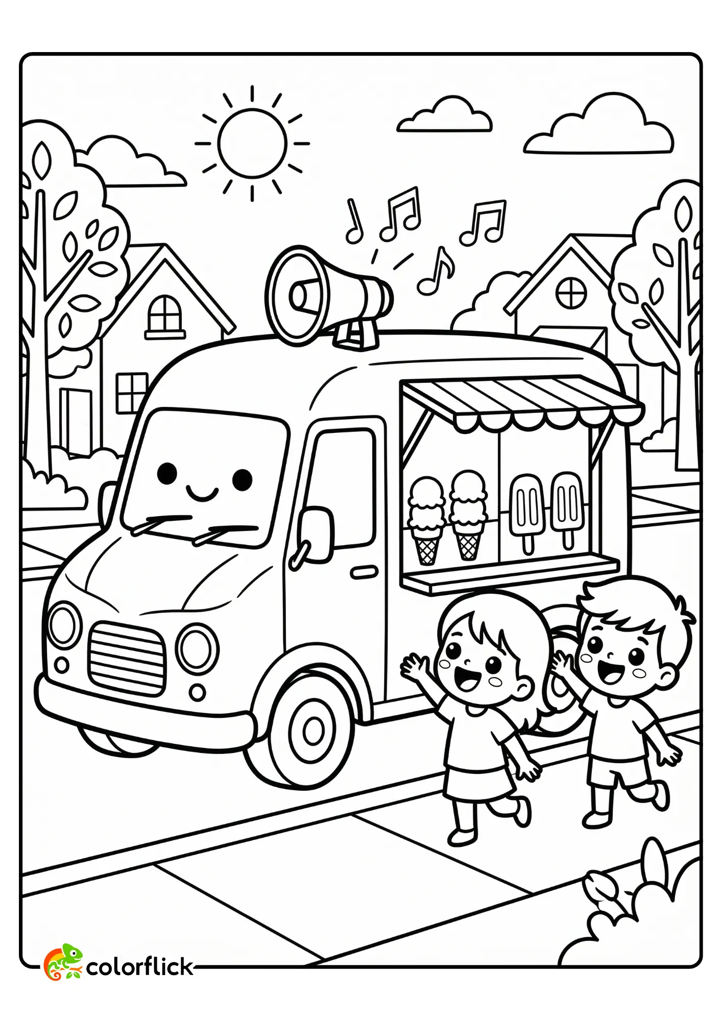 Cute ice cream truck with a smiling face and kids reaching up for cones and popsicles, a printable coloring page for kids.