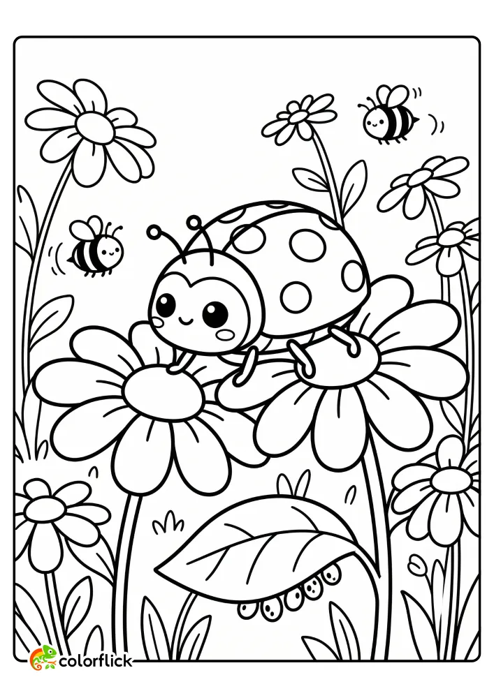 Cute ladybug crawling on a daisy flower surrounded by bees and hidden eggs, a printable coloring page for kids.
