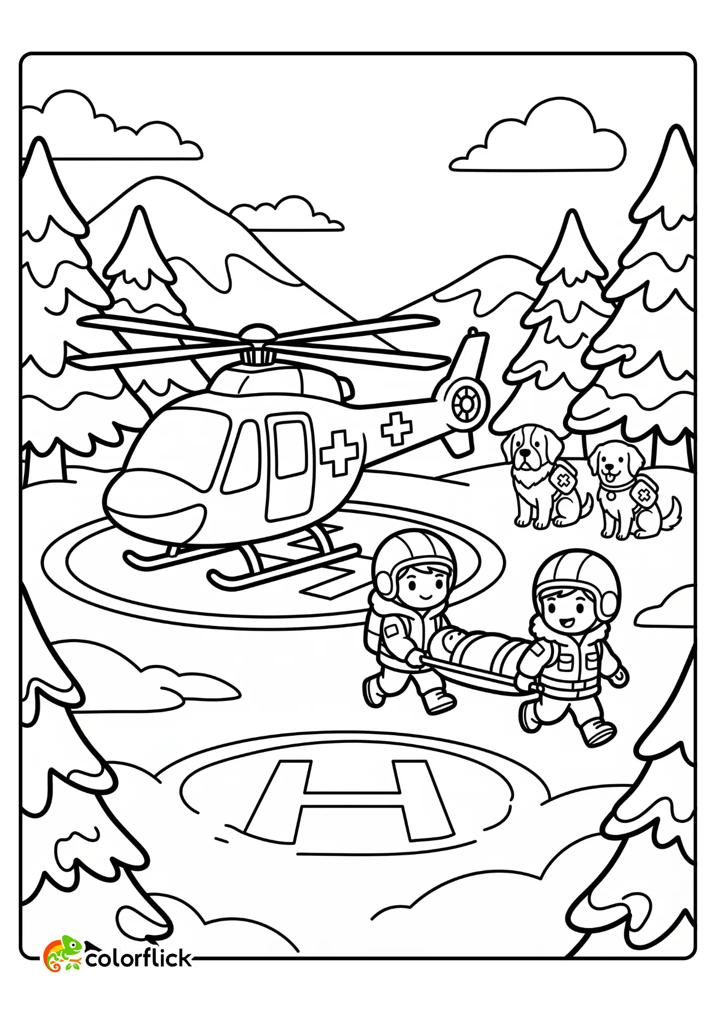 A detailed printable coloring page for kids featuring a medical helicopter, two rescue workers with a stretcher, and two fluffy rescue dogs in a mountain setting.