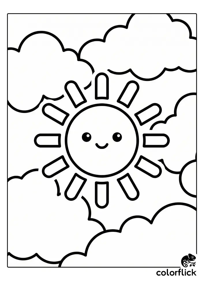 Free printable coloring sheet featuring a happy Chibi sun with wide rays floating among fluffy clouds in a simple sky scene.