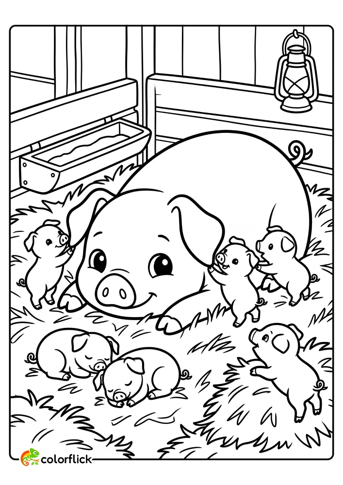 Cute mother sow lying comfortably on hay, surrounded by five playful and napping piglets in a barn setting printable coloring page for kids.