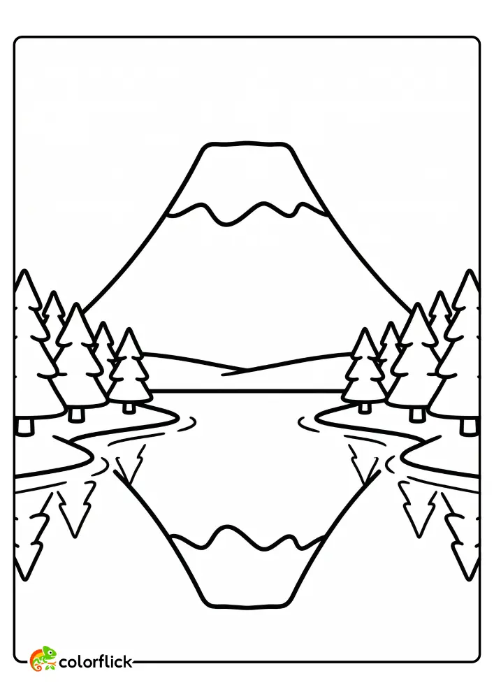 Simple outline of a snow-capped mountain reflecting in a calm lake with pine trees, printable coloring page for kids.