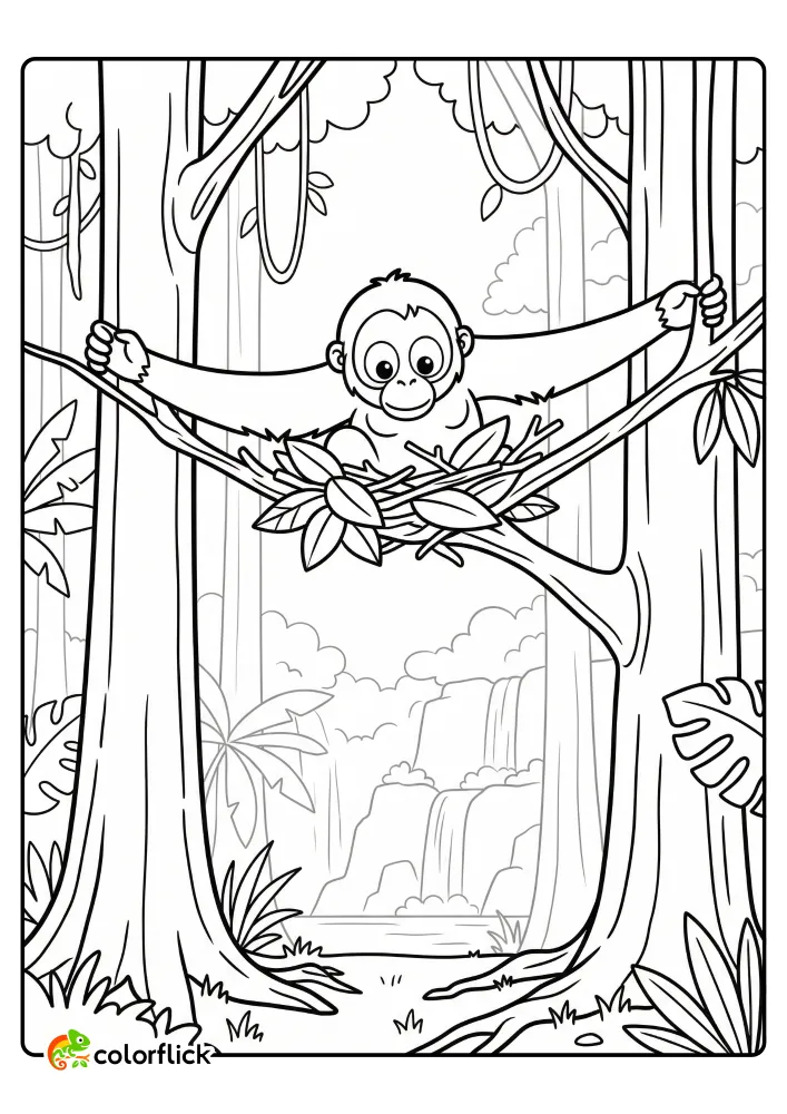 A cute baby orangutan stretching its long arms across jungle trees while sitting on a nest, with a waterfall and mountains in the background, printable coloring page for kids.