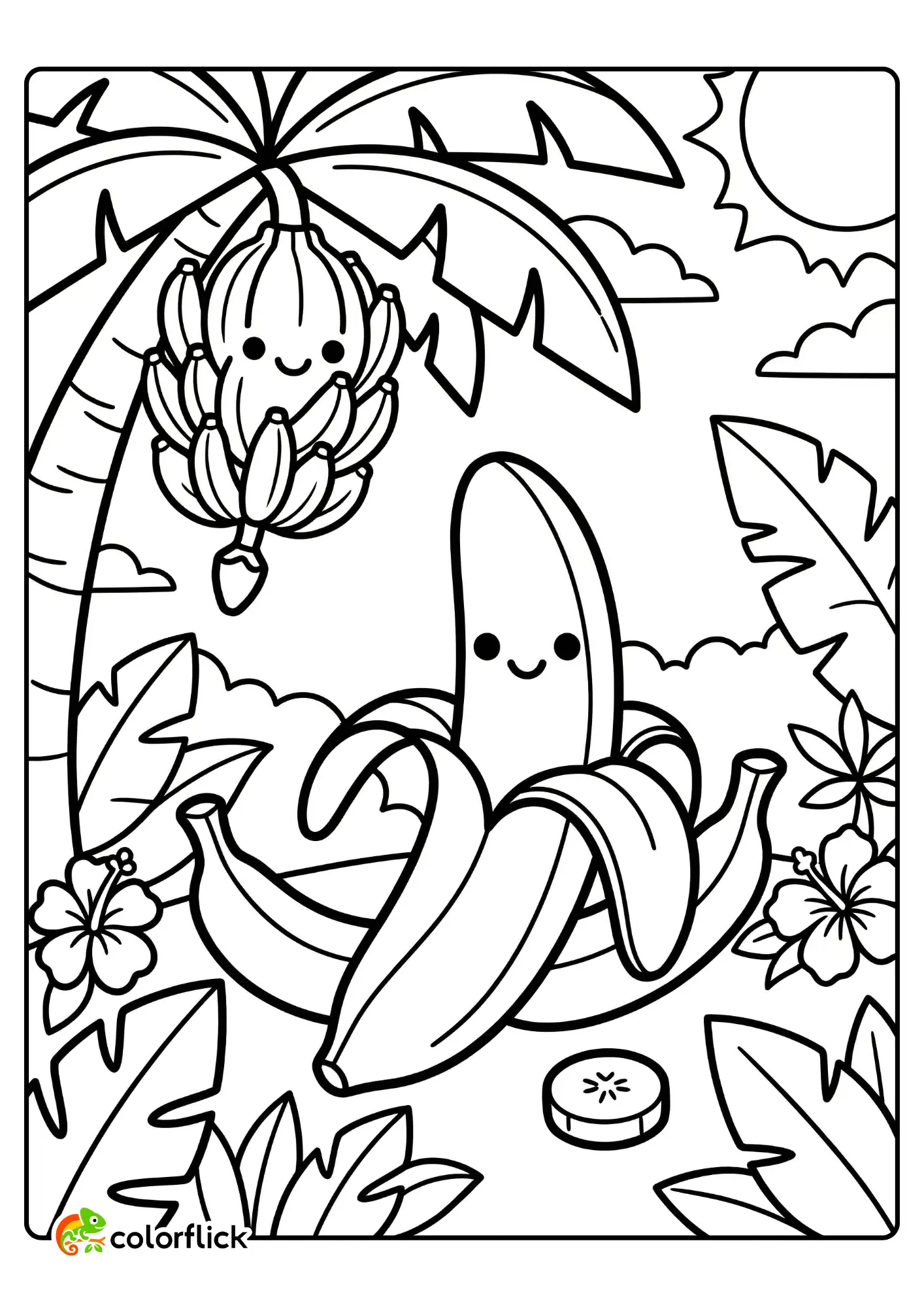 Cute personified bananas with faces in a tropical jungle scene featuring a hanging bunch and a partially peeled banana fruit coloring page for kids.