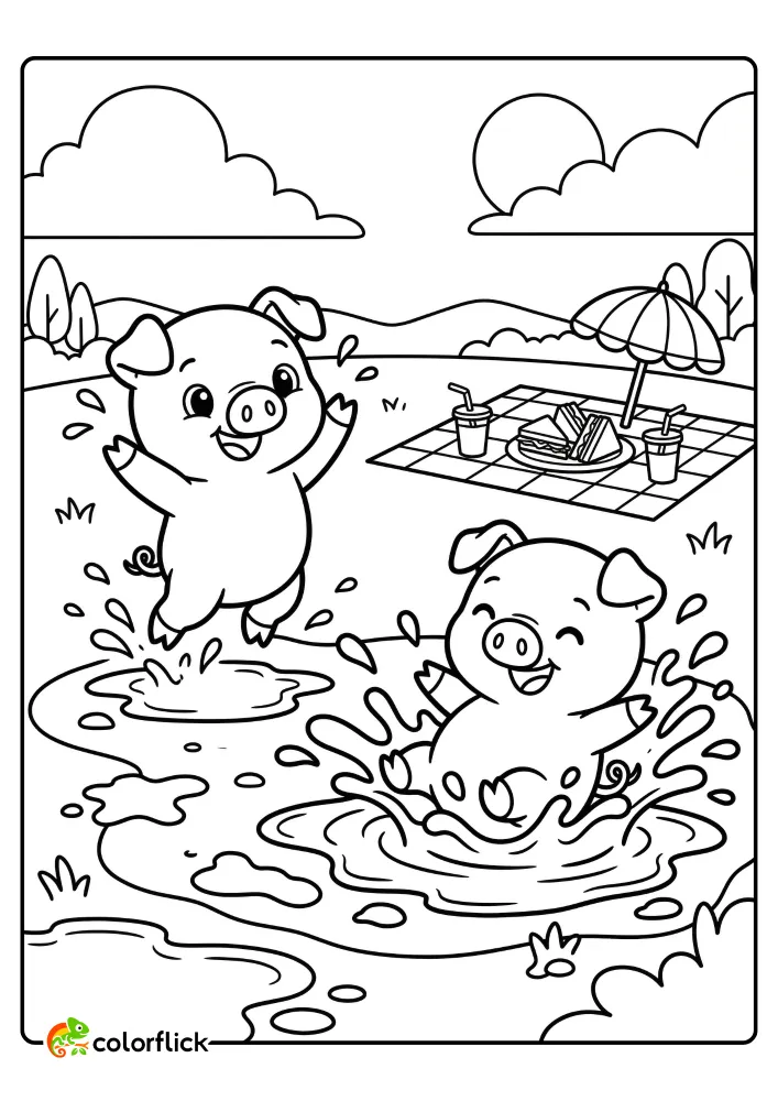 A fun printable coloring page for kids showing two cute pigs jumping and splashing in muddy puddles next to a picnic spread under a big sun.