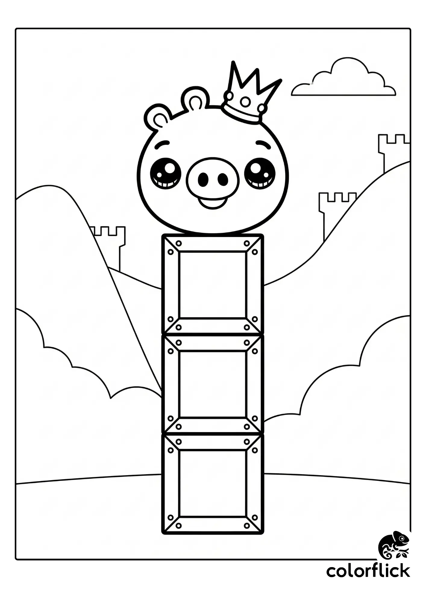 Chibi King Pig from Angry Birds with large eyes and a crown sitting on top of a stack of three wooden crates, free printable coloring sheet for kids.