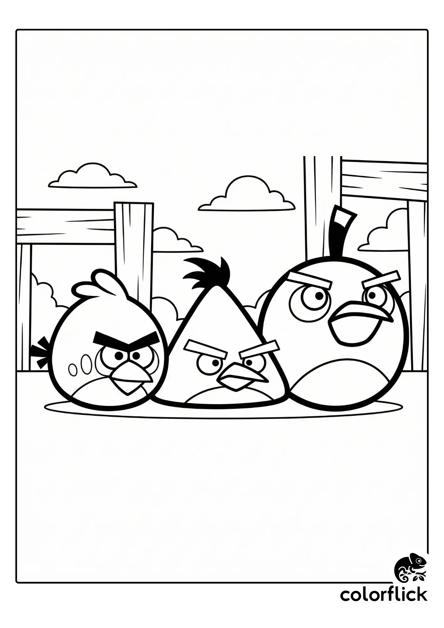 Printable coloring page for kids featuring chibi Angry Birds Red, Chuck, and Bomb sitting together as simple geometric shapes in a wooden scene.