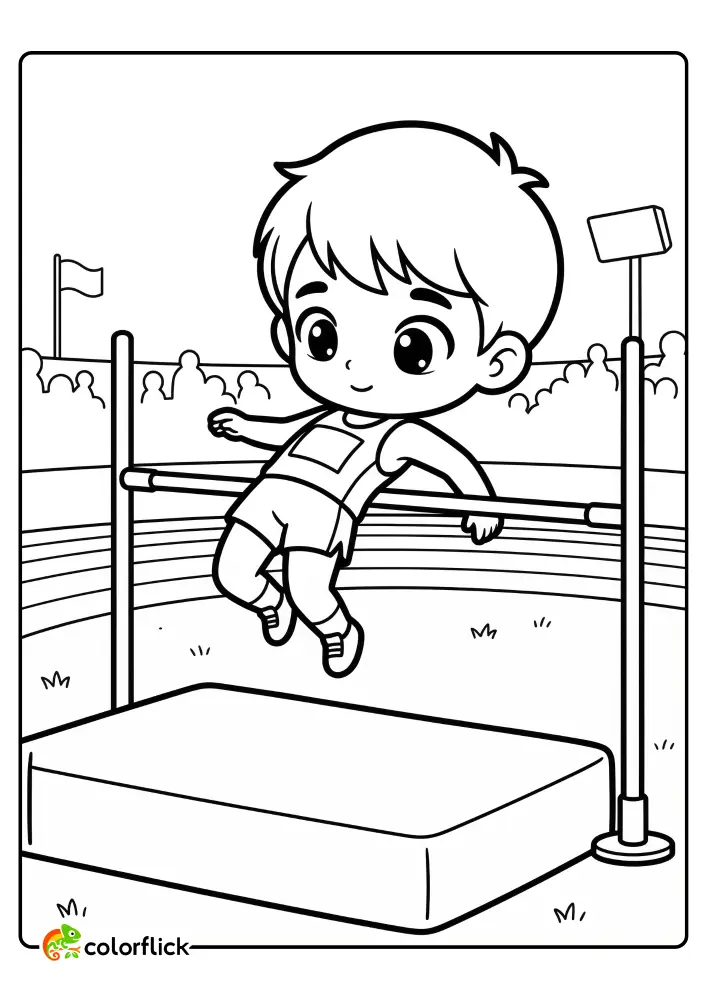 Cute boy high jumper clearing a crossbar over a soft mat on a track, a printable coloring page for kids.