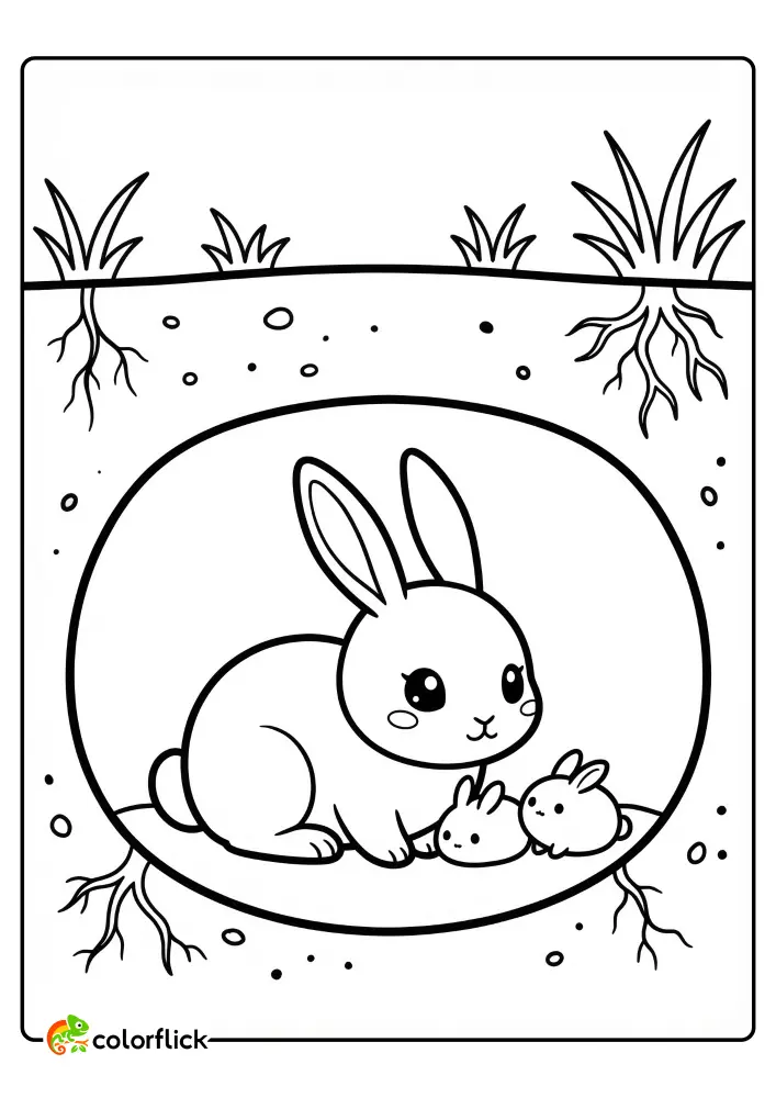 Cute Chibi mother rabbit and two small babies snuggled inside a cozy underground burrow with roots, a free printable coloring page for kids.