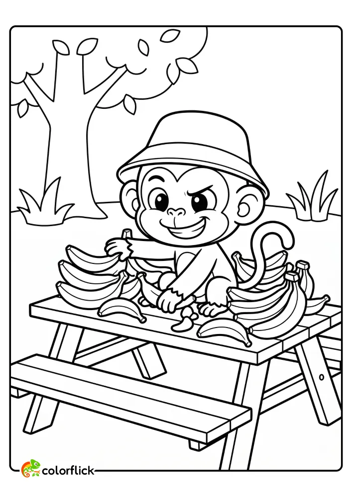 A cute cartoon monkey wearing a bucket hat sits at a picnic table covered in bunches of bananas, printable coloring page for kids.