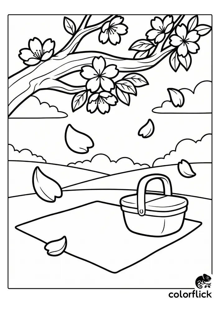 Cute chibi-style cherry blossom branch with falling petals over a picnic basket and blanket in a park scene, a free printable coloring page for kids.