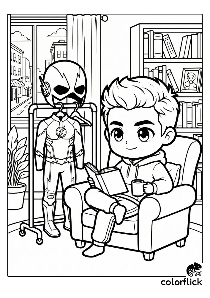 Cute chibi Barry Allen relaxing at home in an armchair reading a book, with his superhero Flash suit hanging on a rack next to him, a free printable coloring page for kids.