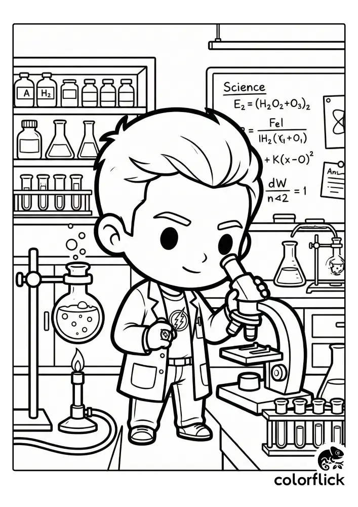 Cute Chibi Barry Allen scientist looking into a microscope in a detailed chemistry lab setting with beakers and formulas, a free printable coloring sheet for kids.