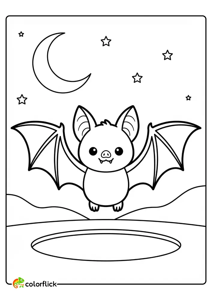Cute Chibi bat with spread wings flying over a pond under a crescent moon and stars, a free printable coloring page for kids.