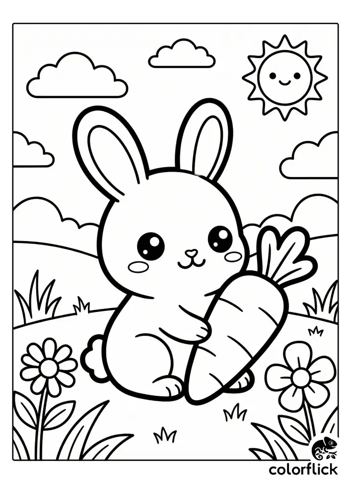 Cute chibi bunny holding a giant carrot in a sunny field, a printable coloring page for kids perfect for Easter or spring activities.