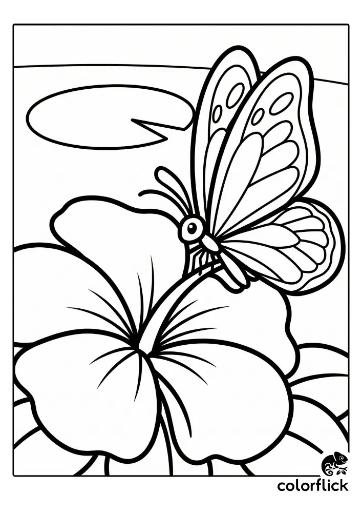 Chibi butterfly with large patterned wings sitting on a large hibiscus flower with a lily pad in the background in this printable coloring page for kids, featuring simple bold lines for easy coloring.