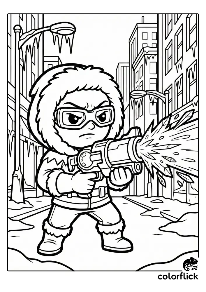 Free printable coloring sheet featuring chibi Captain Cold aiming his freeze gun and blasting ice in a frozen, snowy city street setting.