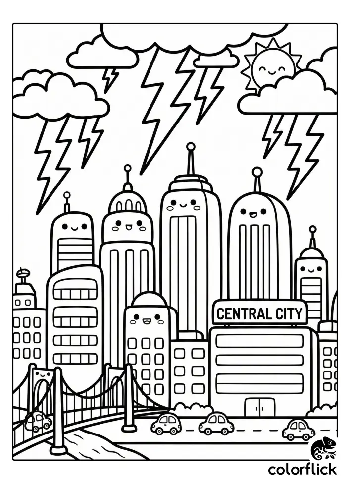 Free printable coloring sheet featuring the adorable chibi skyline of Central City with large lightning bolts in the cloudy sky above cute buildings and a bridge.