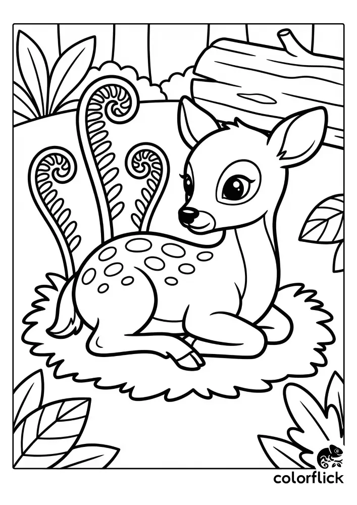 Cute chibi fawn lying down among tall fern leaves in a forest setting, a printable coloring page for kids.