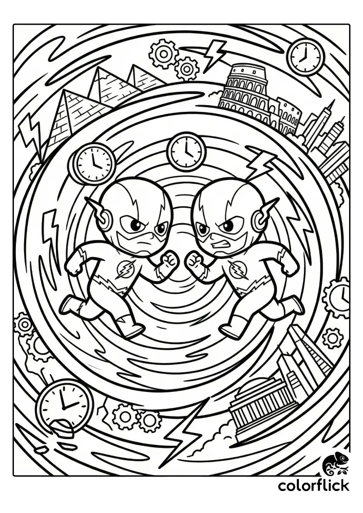 Free printable coloring sheet featuring chibi Flash and Reverse-Flash running towards each other in a swirling time vortex filled with clocks, gears, and landmarks like pyramids and the Colosseum.
