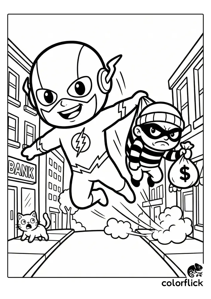 Free printable coloring sheet featuring adorable chibi Flash flying through the air and catching a bank robber holding a money bag outside a bank building with a surprised cat nearby.