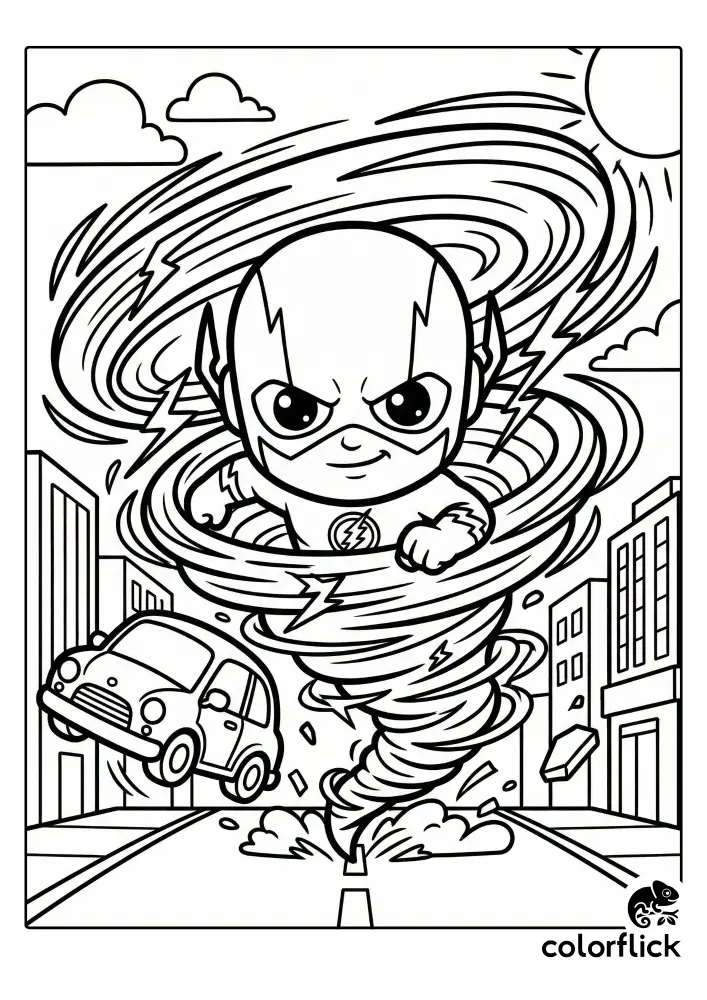 Free printable coloring sheet featuring adorable chibi Flash spinning to create a powerful speed tornado that is lifting a car to safety in a city street environment.