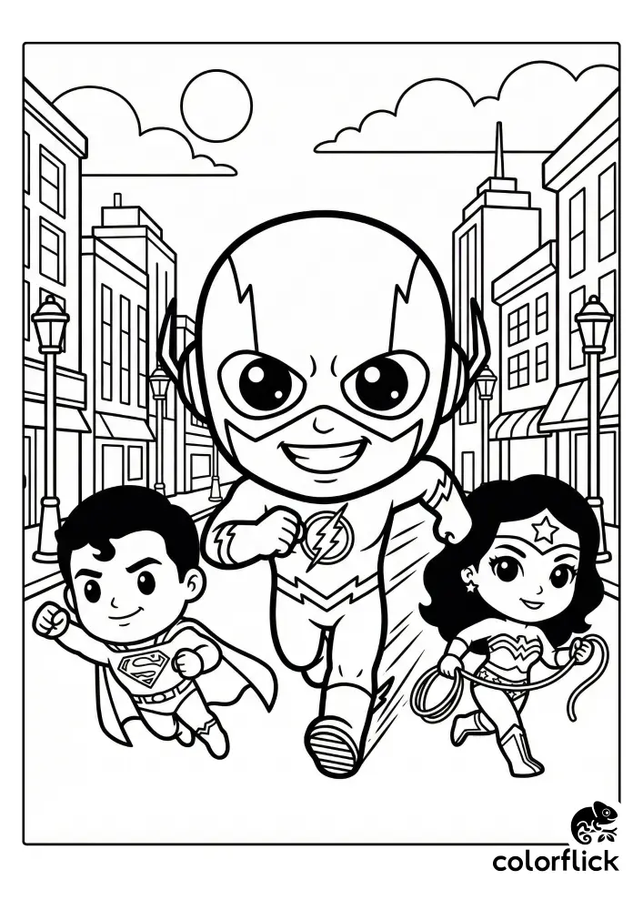 Free printable coloring sheet featuring adorable chibi Flash running fast, with Superman flying and Wonder Woman sprinting alongside him through a stylized city street.