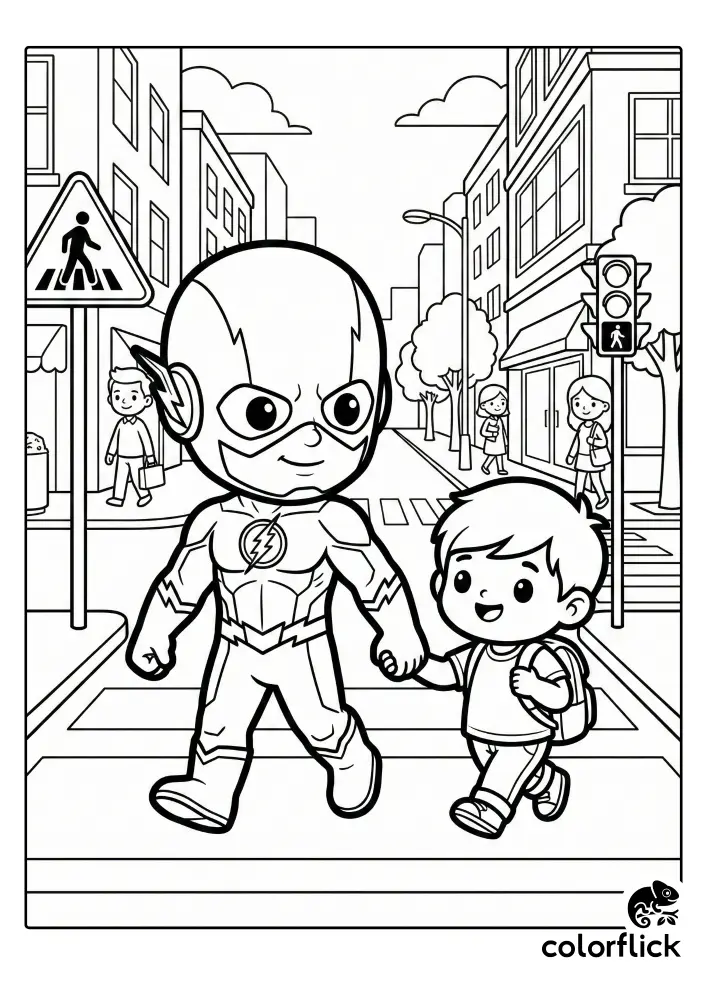 Chibi Flash superhero holding hands with a small child and helping them cross the street at a marked crosswalk in a city scene, a free printable coloring sheet for kids.