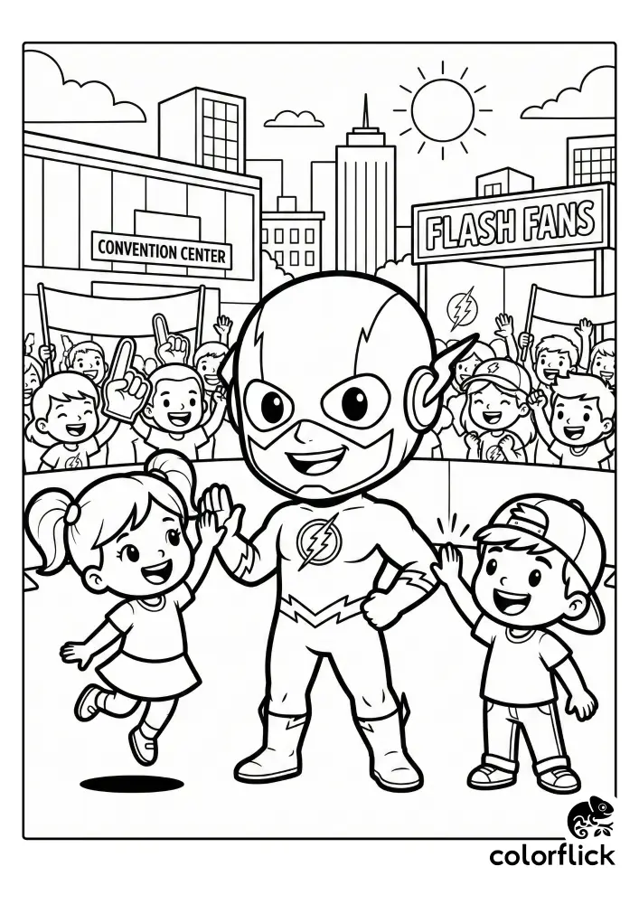 Chibi Flash superhero giving high-fives to two happy children outside a convention center crowded with cheering fans, a free printable coloring sheet for kids.