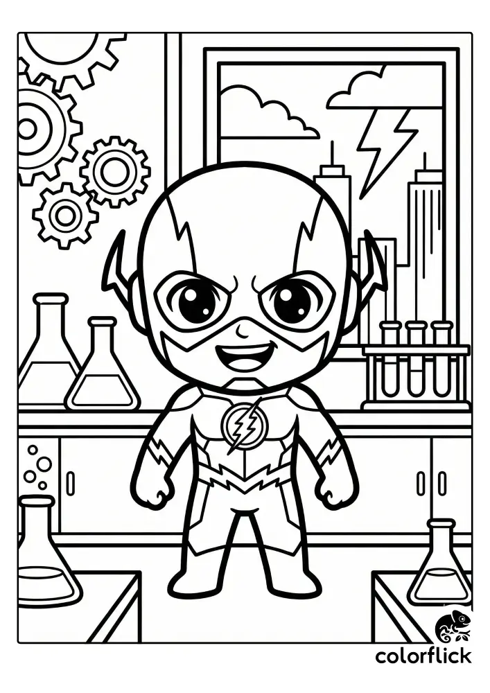 Free printable coloring sheet featuring adorable chibi Flash smiling in a science lab setting with beakers, test tubes, and gears in the background.