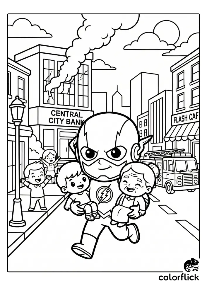 Free printable coloring sheet featuring adorable chibi Flash carrying a child and an elderly woman away from a smoking Central City Bank building, with a fire truck and cheering citizens in the background.