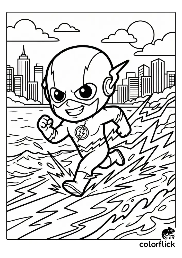 Chibi Flash superhero running on ocean waves with lightning effects in a beach scene, a free printable coloring sheet for kids.