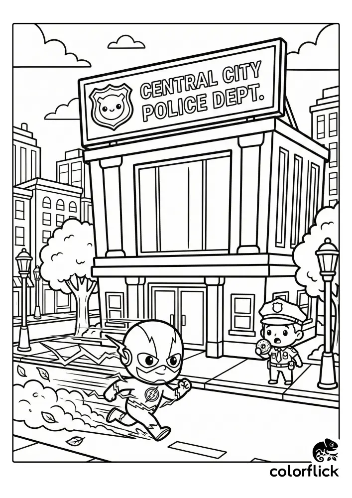 Free printable coloring sheet featuring adorable chibi Flash speeding past the Central City Police Department building, kicking up leaves and surprising a cute police officer holding a donut.