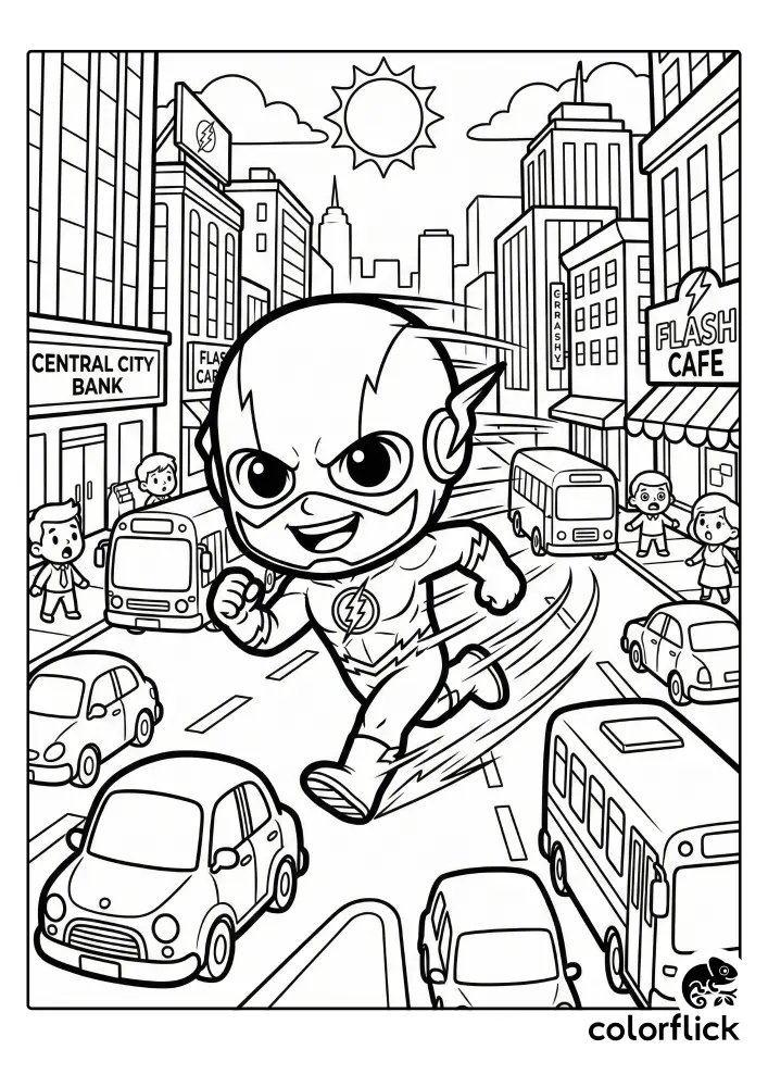 Free printable coloring sheet featuring adorable chibi Flash speeding through the busy streets of Central City, past cars, buses, and pedestrians.