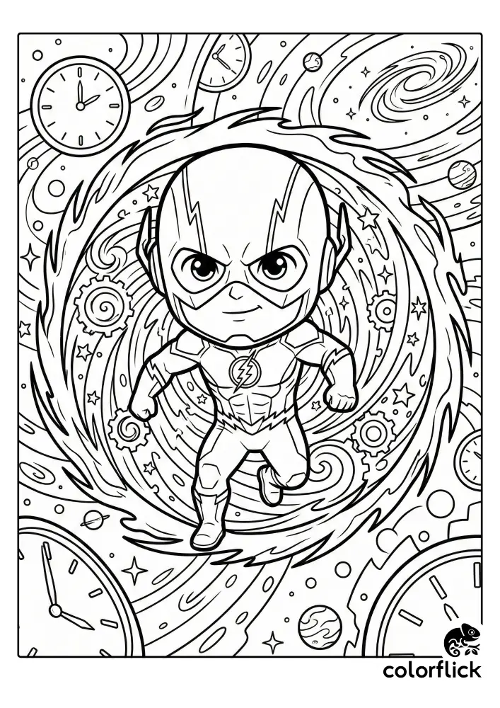 Chibi Flash superhero emerging from a swirling time travel portal filled with clocks and gears, a free printable coloring sheet for kids.