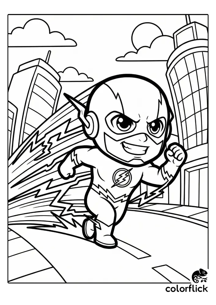 Free printable coloring sheet featuring adorable chibi Flash running at super speed, leaving thick, jagged lightning bolt trails and motion lines behind him on a city street.