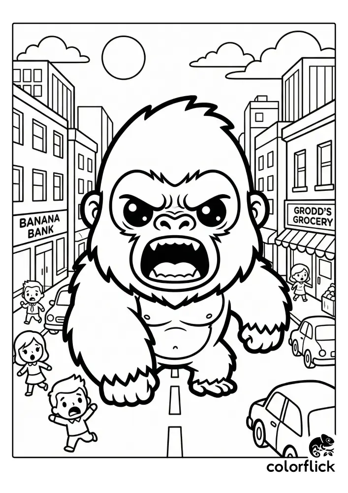 Free printable coloring sheet for kids featuring adorable chibi Gorilla Grodd roaring in a busy city street, with tiny citizens scattering past buildings like "Banana Bank".