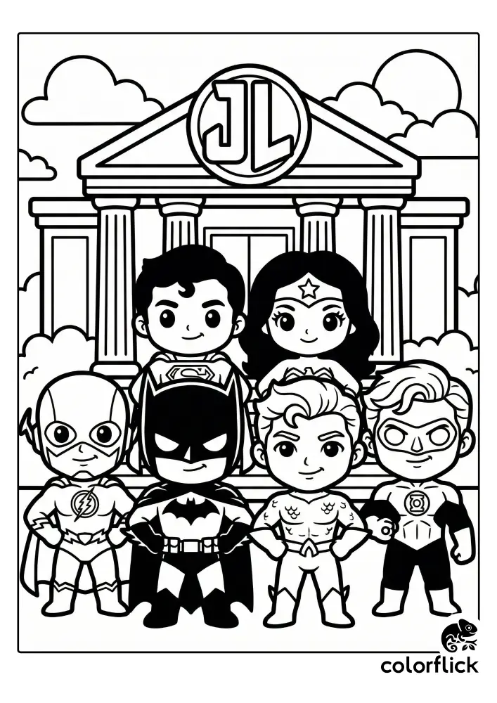 Free printable coloring sheet featuring adorable chibi Justice League superheroes including Superman, Batman, Wonder Woman, Flash, Aquaman, and Green Lantern standing proudly together in front of the Hall of Justice building.