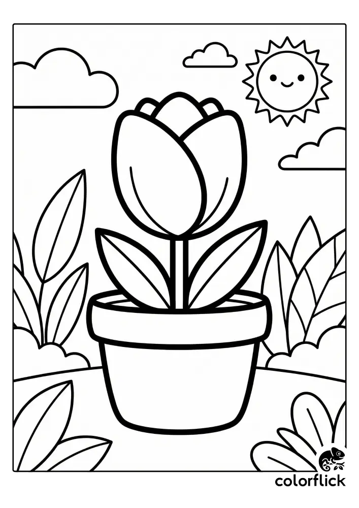 Cute chibi tulip with large rounded petals in a pot, set in a sunny garden scene with a smiling sun and clouds, a free printable coloring page for kids.
