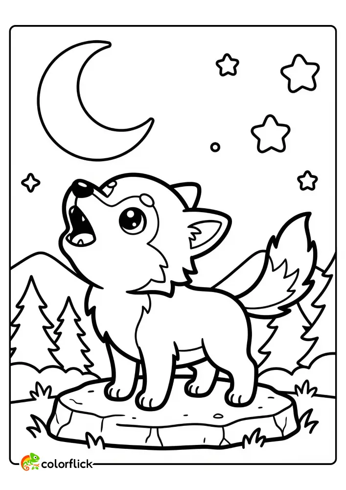 Adorable chibi wolf pup standing on a rock howling at a large crescent moon and stars, a free printable coloring page for kids.