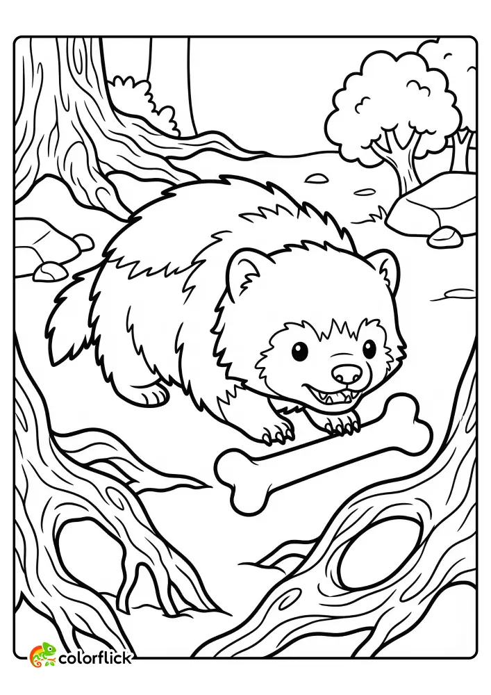 Adorable chibi wolverine crouching over a large bone amongst gnarled tree roots in a forest setting, a free printable coloring sheet for kids to enjoy.