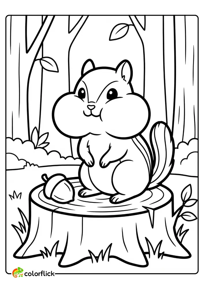 Adorable Chibi chipmunk with extremely puffed cheeks sitting on a tree stump next to a single acorn in a forest setting, a free printable coloring page for kids.