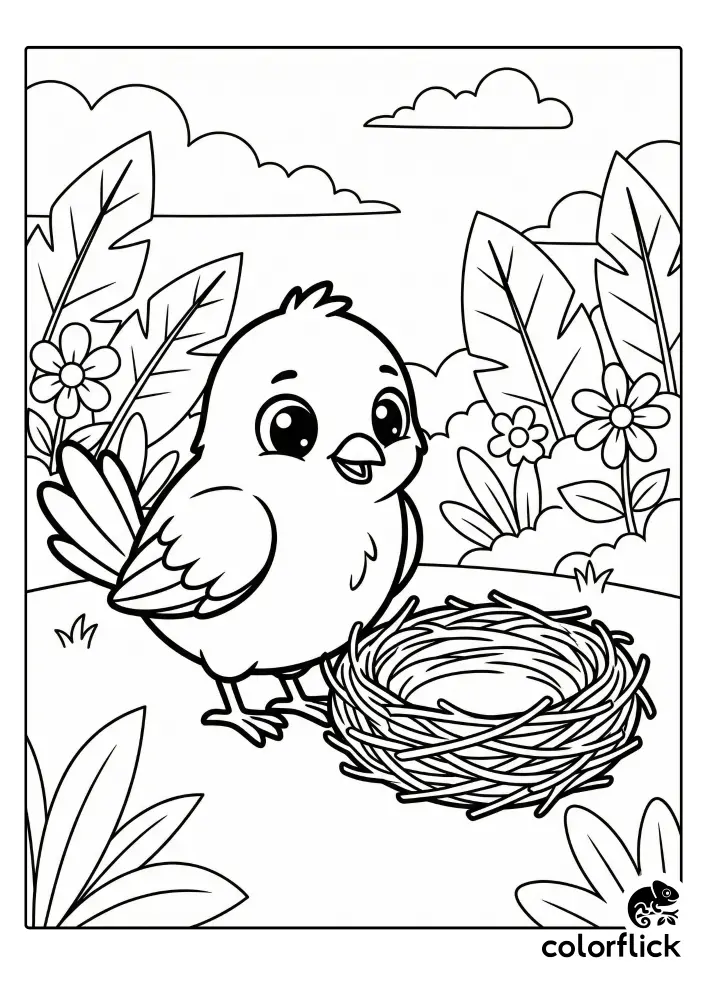 Adorable chibi bird with big eyes standing next to a simple round nest in a nature setting with flowers and large leaves, a free printable coloring page for kids.