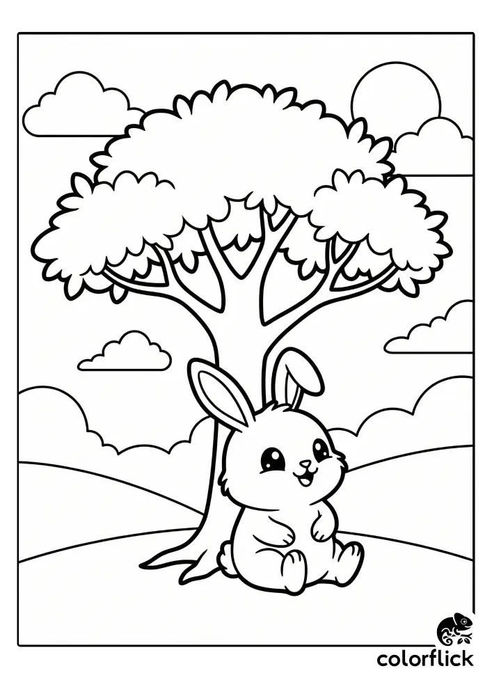 Cute chibi bunny sitting happily under a large tree with a wide canopy in a simple nature scene, a free printable coloring page for kids perfect for spring or summer.