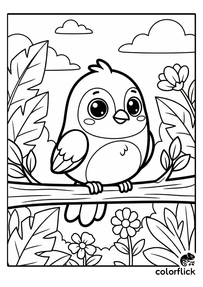 Adorable chibi cartoon bird sitting on a branch in a nature scene with flowers and clouds, a free printable coloring page for kids.