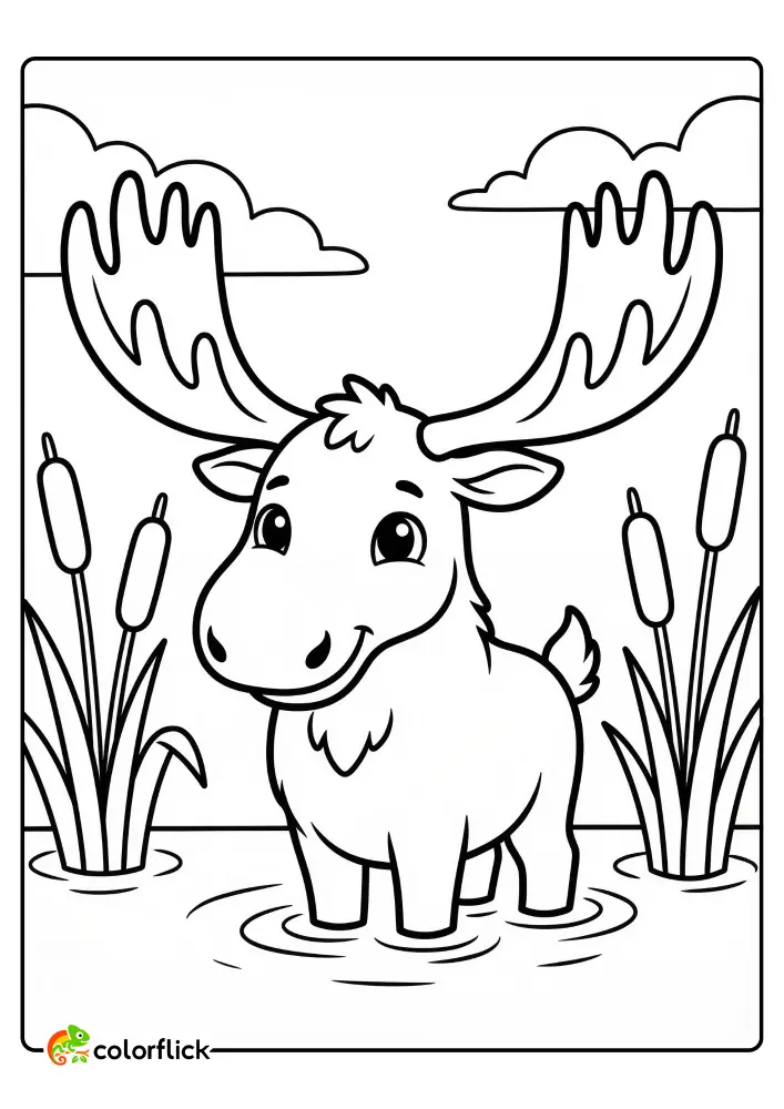 Adorable chibi moose with large spread antlers standing in shallow water surrounded by cattail reeds and clouds, a free printable coloring sheet for kids to enjoy.
