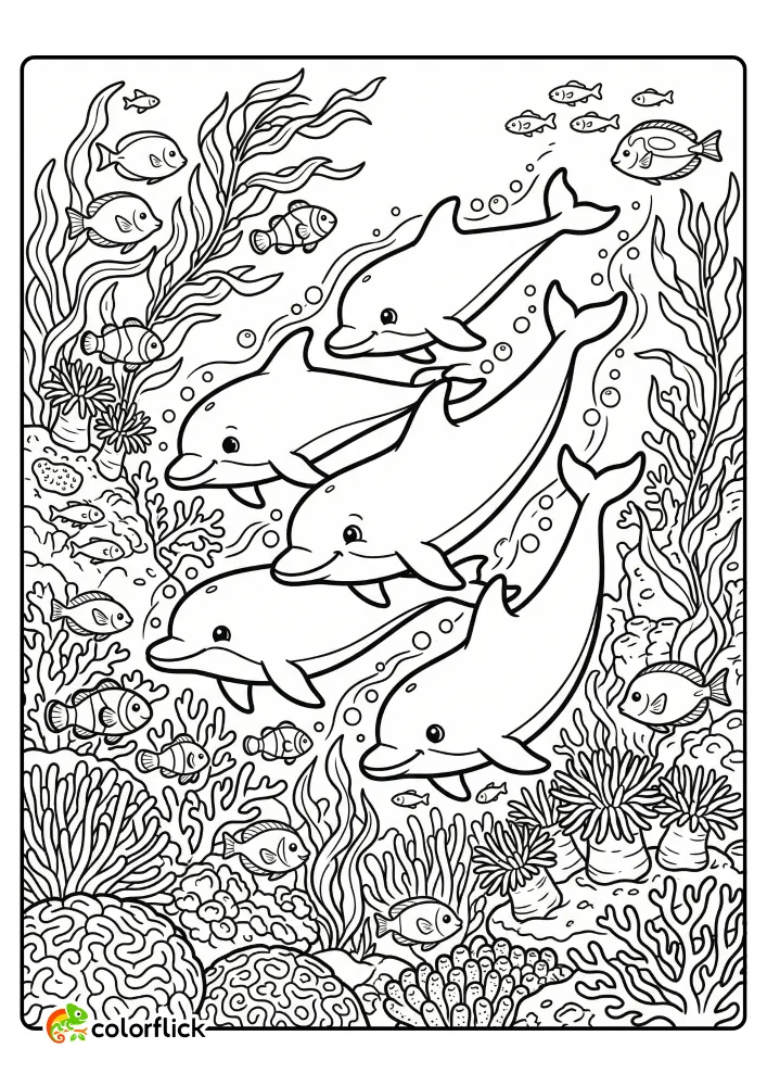 A printable coloring page for kids featuring a cute pod of five happy dolphins swimming together through a detailed coral reef, surrounded by fish, kelp, and bubbles.